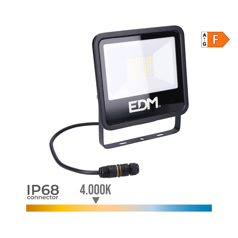 EDM zwarte LED projectorspotlight 50W – 4000lm, 4000K daglicht, IP65, 19,2×2,9×17,5cm, 70 LEDs, energieklasse F, zeer krachtige natuurlijke buitenverlichting met waterdichte connector