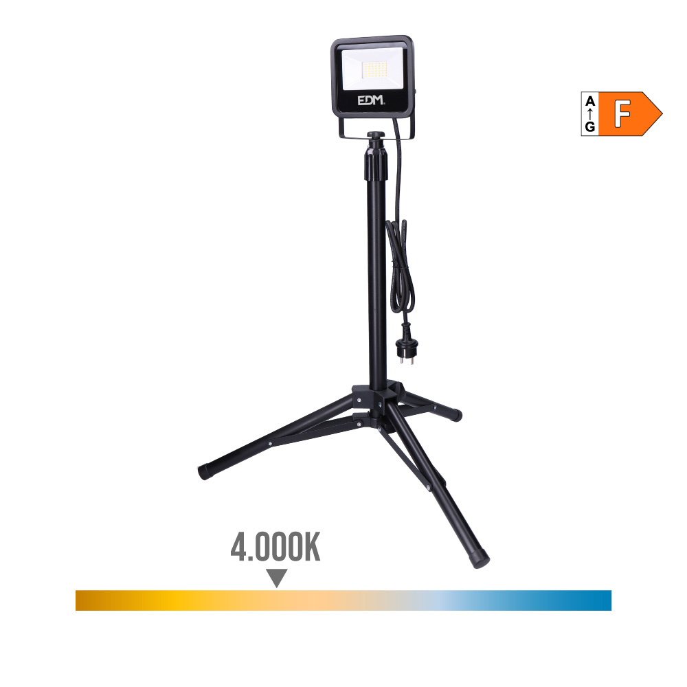 EDM zwarte LED projectorspotlight 30W met verstelbaar statief – 2370lm, 4000K daglicht, IP65, Ø72×63-103cm, 42 LEDs, energieklasse F, flexibele natuurlijke buitenverlichting