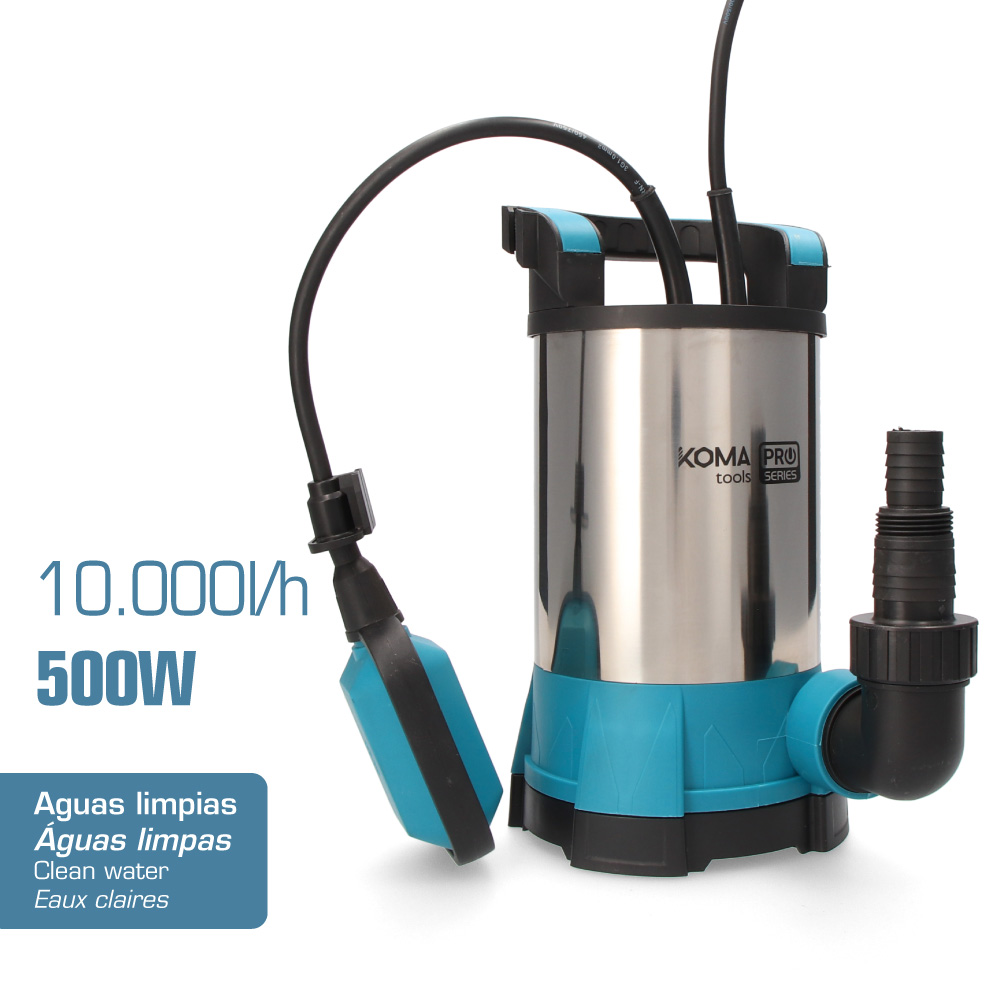 Koma Tools pomp voor het afvoeren van schoon water – 500W, roestvrij staal, krachtige waterafvoer met maximale stroomsnelheid 10.000 l/u – Compacte afmetingen: 17x30cm